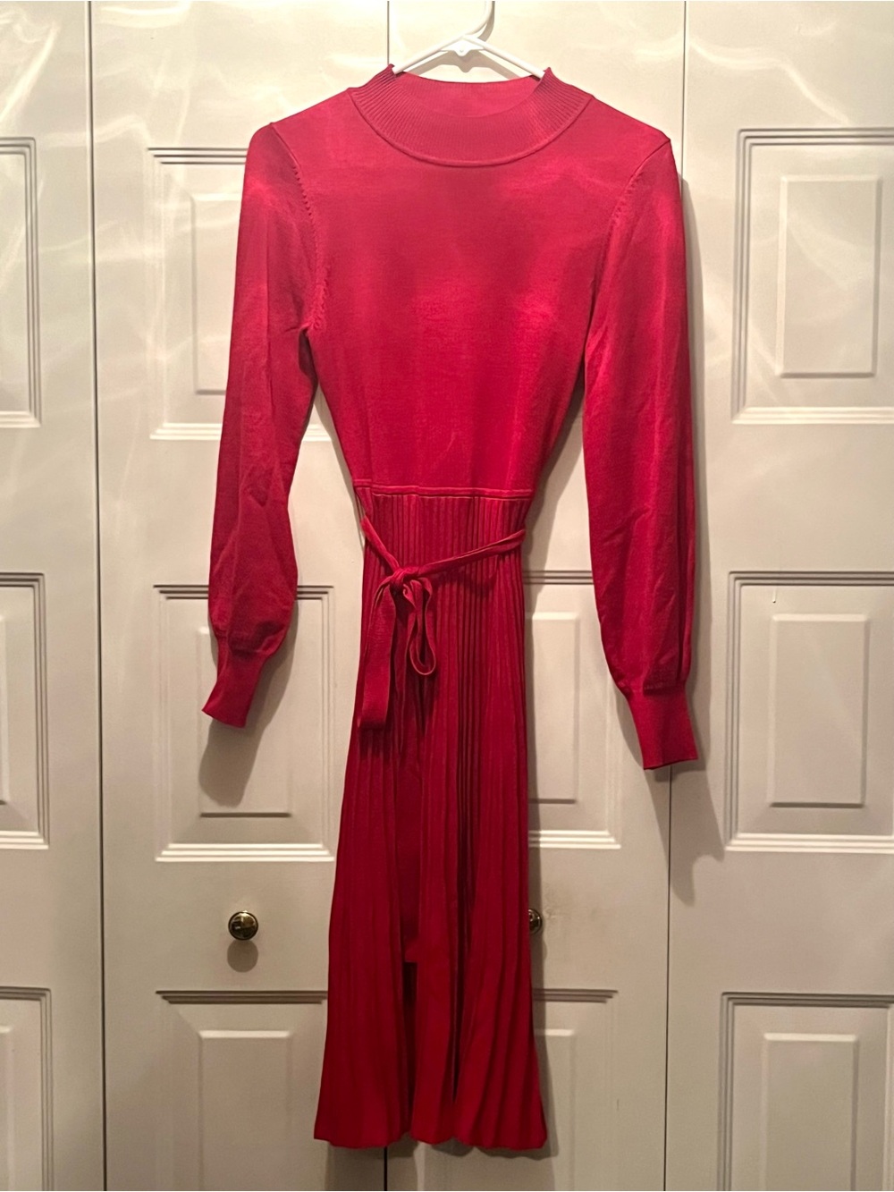 Nina Leonard Red Mock Neck Pleated Belted Midi Sweater Dress Small
